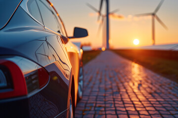 Sleek electric vehicle with reflective surface parked by wind turbines at sunset, symbolizing renewable energy.