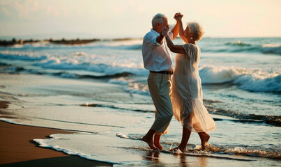 Romantic Sunset: An Elderly Couple Dances with Joy and Intimacy on the Beach, Celebrating Love's Timeless Beauty	
