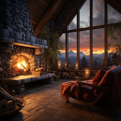 
A room with a fireplace on it, in the style of naturalistic landscape backgrounds, romantic landscapes, atmospheric and whimsical lighting.