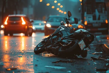 The motorcycle lies on the sidewalk after a road trip. Severe acciden