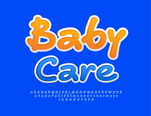 Obraz na płótnie Canvas Vector cute template Baby Care. Funny Blue Font. Creative set of Alphabet Letters and Numbers.