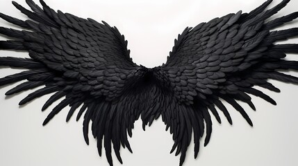 A detailed view of intricate black angel wings, each feather delicately defined, set against a pristine white surface, evoking a sense of enchantment