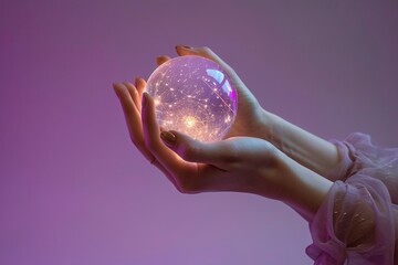 Hands holding magic ball. Light purple colors