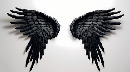 A pair of intricately crafted black angel wings, delicately poised on a solid white surface, emanating an aura of divine elegance