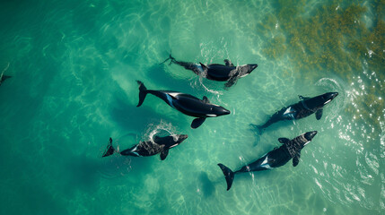 A pod of orca whales swims in a group.