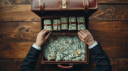 Hands of a person in a business suit are counting US dollar bills from a leather briefcase on a wooden table.