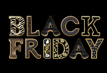 Black Friday sale. Phrase written with a whimsical font consist of a letter in a various fusion style - 730059676