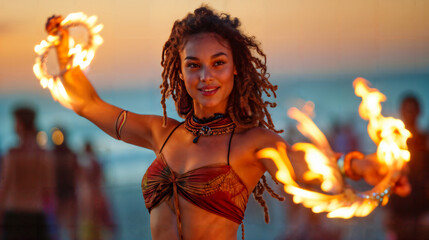 Fire Dancer Performing at Sunset Beach. Generative AI