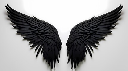 Bold and powerful black angel wings, perfectly symmetrical and imposing, contrasting against a solid white surface, radiating an air of divine strength