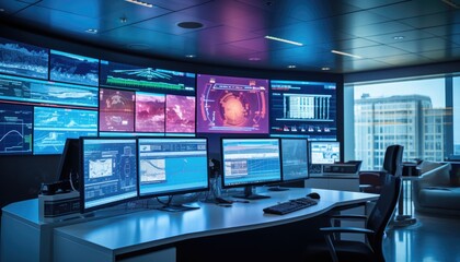 A central command room with large screens displaying real-time patient data and hospital analytics