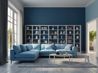 Blue living room with white sofa and bookcase - 3D Rendering