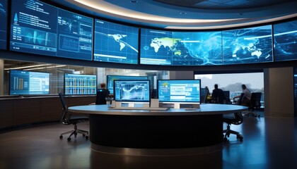 A central command room with large screens displaying real-time patient data and hospital analytics - obrazy, fototapety, plakaty