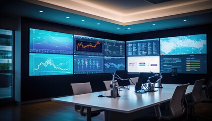 A central command room with large screens displaying real-time patient data and hospital analytics