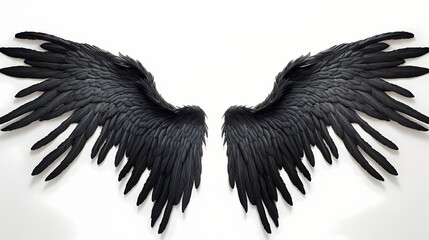 Fototapeta premium Delicate feathered black angel wings, meticulously arranged and gently extending against a clean white backdrop, symbolizing ethereal beauty