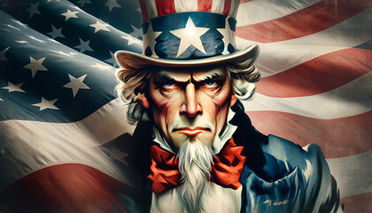 Painting of the Uncle Sam character, a symbol of patriotic appeal and government authority in American culture - obrazy, fototapety, plakaty