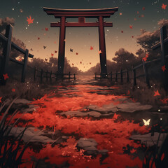 Japanese shrine with red torii gate and stone lantern. Generative AI