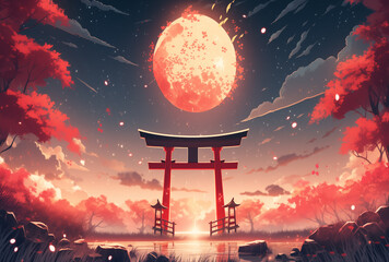 Japanese shrine with red torii gate and stone lantern. Generative AI - obrazy, fototapety, plakaty