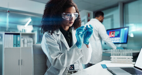Woman, scientist or blood vial for testing in laboratory, healthcare or pathology to label on test...