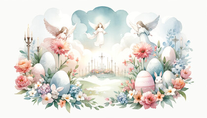 illustration of Easter scene in Paradise with angels, Easter bunny, Easter eggs in soft pastel tones
