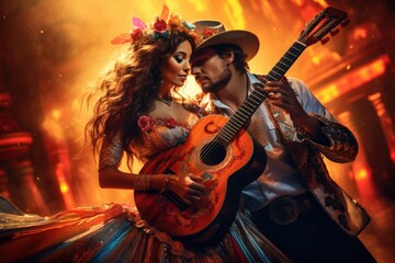 Romance fills the air as a couple enjoys a heartfelt serenade accompanied by a guitar.