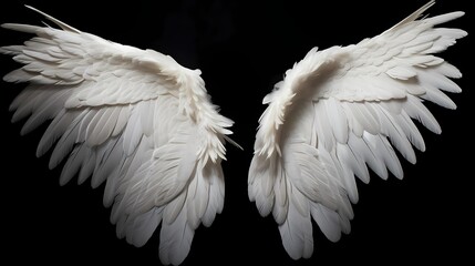 Delicate feathered white angel wings, meticulously arranged and gently extending on a black solid backdrop, symbolizing serenity and celestial grace