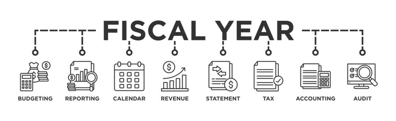 Fiscal year banner web icon vector illustration concept with icon of budgeting, reporting, calendar, revenue, statement, tax, accounting, audit