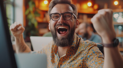 Excited American man sit at desk feel euphoric win online lottery, happy asian man overjoyed get mail at laptop being promoted at work, biracial man good news at computer. Successful partnership.