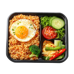 Fried rice with egg and vegetable on lunch box, Isolated on Transparent background