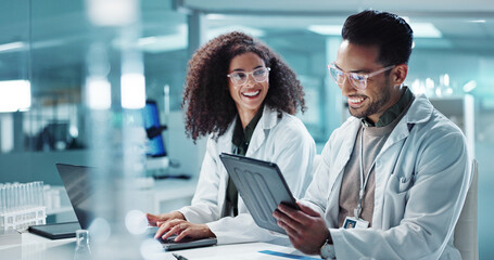 Science, teamwork and laptop with laughing in laboratory for communication, pharmaceutical review or planning. Employees, collaboration and technology for research, discussion and digital analysis