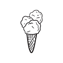 Three scoops of tasty delicious ice cream in a waffle cup isolated on white background. Hand drawn vector sketch illustration in doodle style. Children sweets, summer symbol, hand made ice cream.
