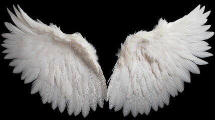 Delicate feathered white angel wings, meticulously arranged and gently extending on a black solid...