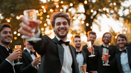 Groom with happy groomsmen toasting at the wedding reception outside - obrazy, fototapety, plakaty