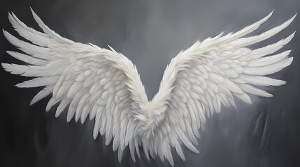 Delicate white angel wings, softly feathered and gently extending on a solid black canvas, symbolizing purity, peace, and heavenly protection