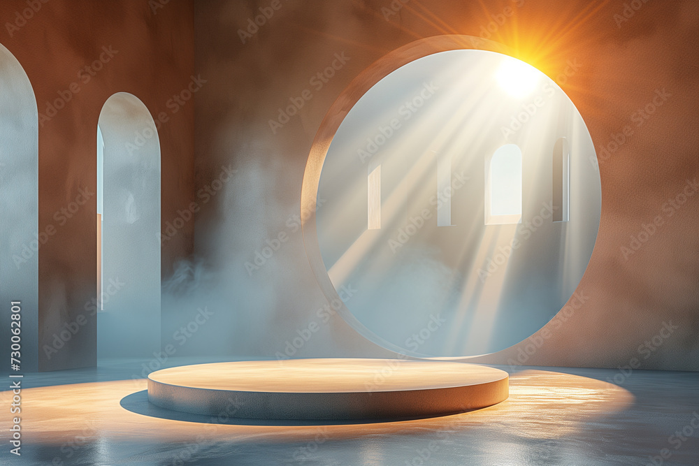 Poster 3d empty product display podium designed for presentations. warm sunlight filters through a circular