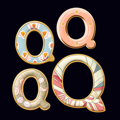 Whimsical collection of a various Q letter in a fusion style.