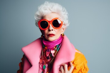 Fashionable senior woman in sunglasses and pink coat. Studio shot.