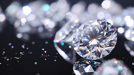 Intensely sparkling brilliant cut diamonds scattered on reflective surface, with soft focus background, showcasing exquisite facets and clarity. - obrazy, fototapety, plakaty