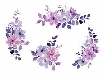Fototapeta na wymiar Watercolor Purple Floral Bouquet Collection