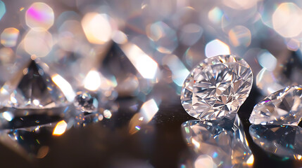 Intensely sparkling brilliant cut diamonds scattered on reflective surface, with soft focus background, showcasing exquisite facets and clarity. - obrazy, fototapety, plakaty