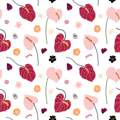 Abstract colorful simple flat floral shapes anthurium, poppy flowers boho shapes. Modern simple abstract background, seamless pattern, wallpaper, fabrics pattern, surface design