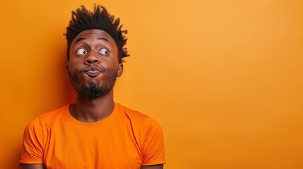 Portrait of a perplexed African American man in an orange top against an orange background, with space for text. - obrazy, fototapety, plakaty