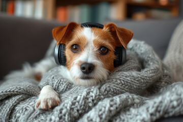 Cute dog in headphones listening to music at home on the bed. Funny meme