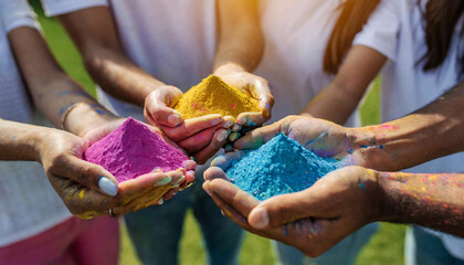 Holi Festival. Colourful paints held in hands. Holi festival concept