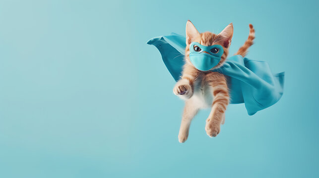 Superhero cat: adorable orange tabby kitty with blue cloak and mask, leaping and soaring against light blue background, with space for text. Humorous animal studio shot illustrating superhero, super.