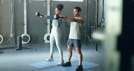 Exercise, black woman and man with kettlebell, fitness and workout for health, wellness and in gym....