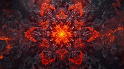 Symmetric Digital Artwork with Central Motif that Radiates outward in Kaleidoscopic Fashion - Core is Bright Fiery Orange Red Shape Element resembles Star Flower created with Generative AI Technology