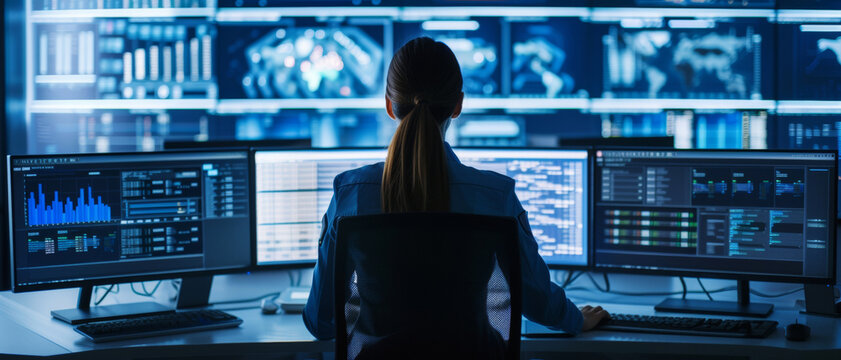A vigilant security officer monitors an array of screens in the city's high-tech security hub