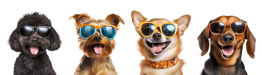 Fototapeta premium Set of Cool and Funny Small Breed Dogs: Yorkshire Terrier, Chihuahua, Poodle, and Dachshund (Teckel) Wearing Sunglasses, Isolated on Transparent Background, PNG