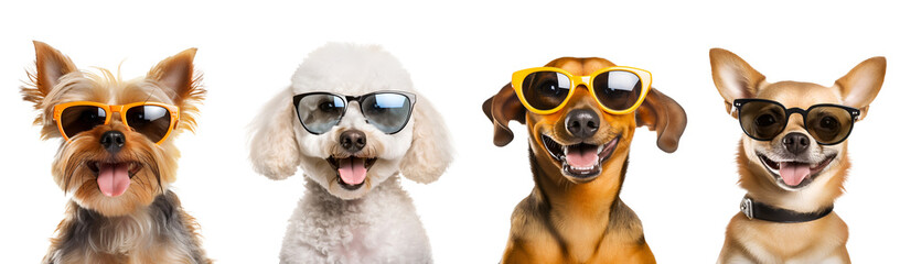 Funny and Cool Small Breed Dogs in Sunglasses: Yorkshire Terrier, Chihuahua, Poodle, and Dachshund (Teckel), Isolated on Transparent Background, PNG