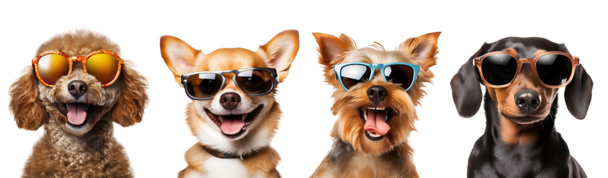 Cool and Funny Small Breed Dogs: Yorkshire Terrier, Chihuahua, Poodle, and Dachshund (Teckel) in Sunglasses, Isolated on Transparent Background, PNG